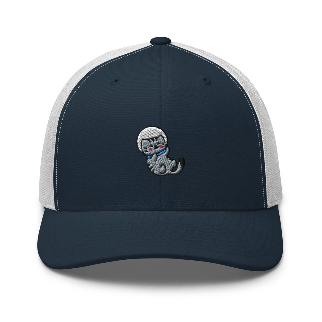 a blue and white trucker hat with a cartoon character