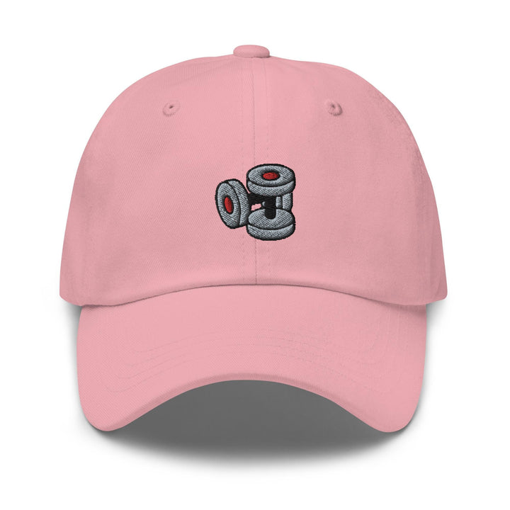 a pink baseball cap with a roll of toilet paper embroidered on the front