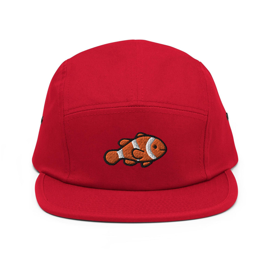 a red hat with a clown fish embroidered on it