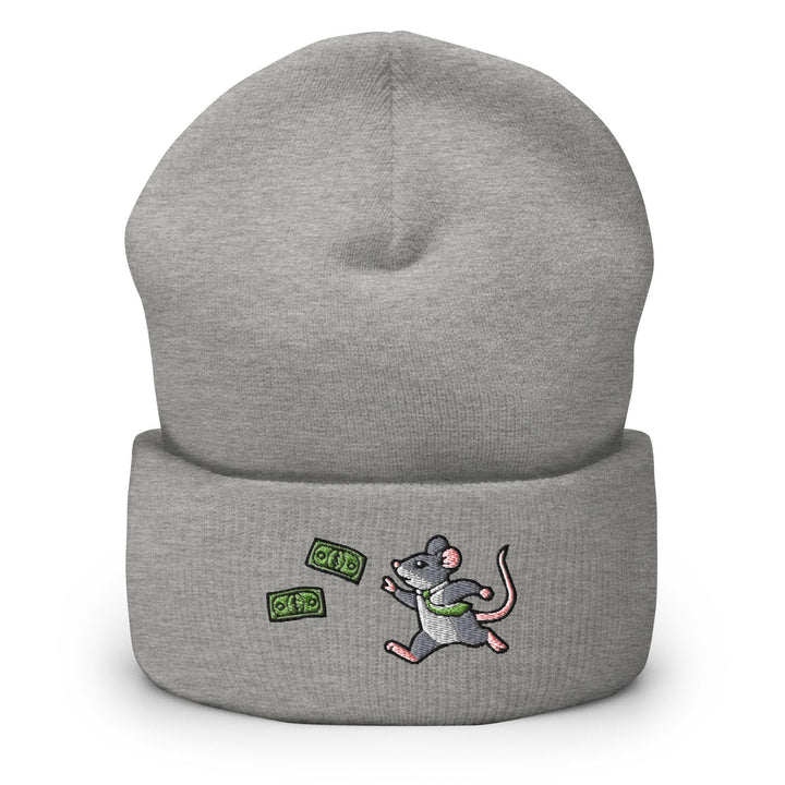 a gray beanie with a cartoon mouse on it