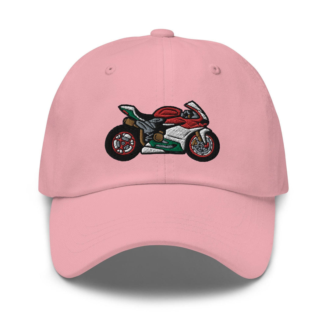a pink hat with a motorcycle embroidered on it