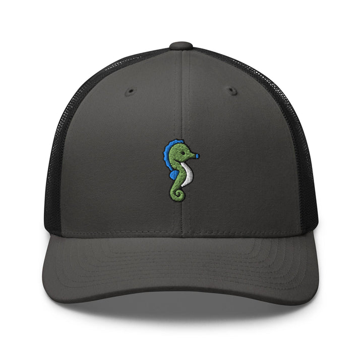 a gray and black hat with a green seahorse embroidered on the front