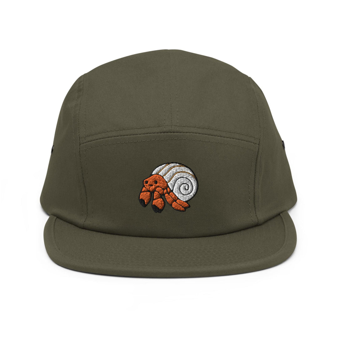 a green hat with a snail embroidered on it