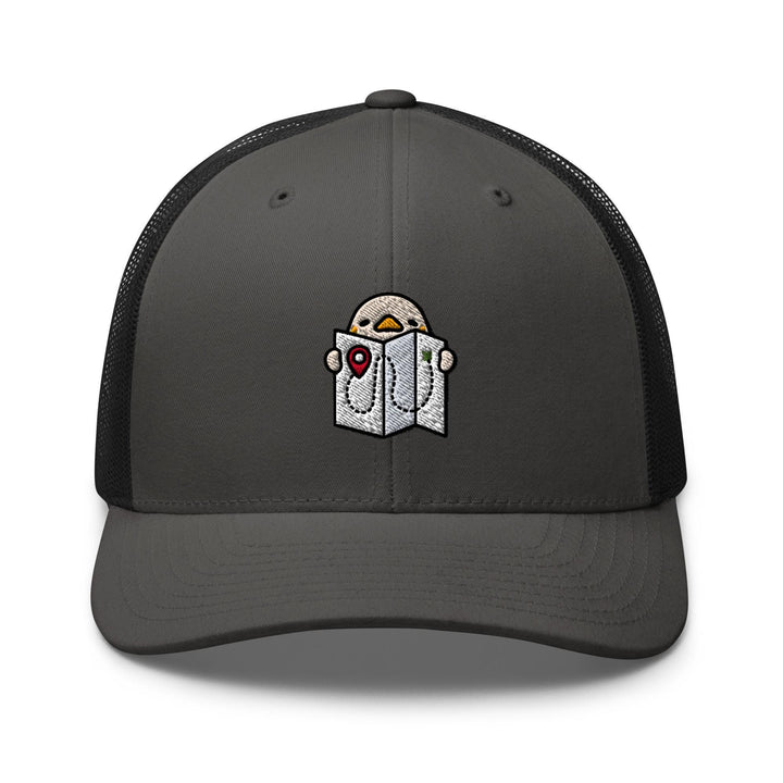 a gray and black trucker hat with a picture of a penguin reading a book