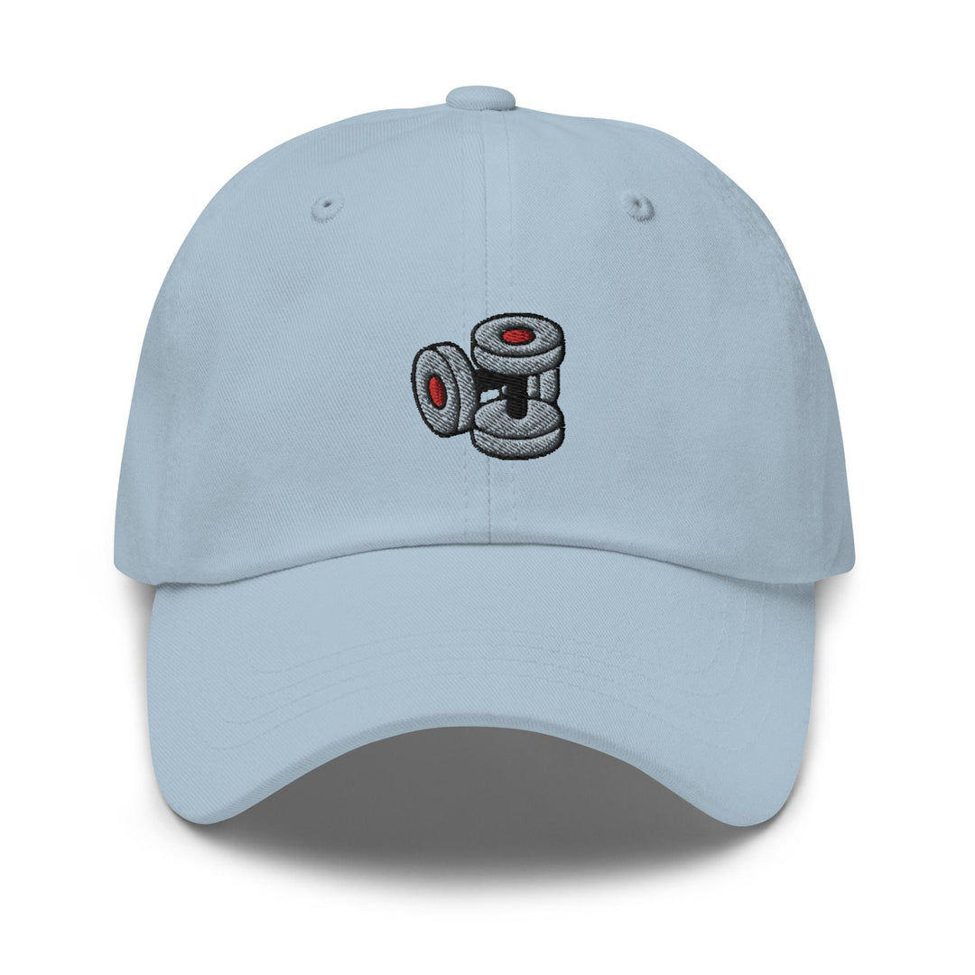 a light blue hat with a camera embroidered on it