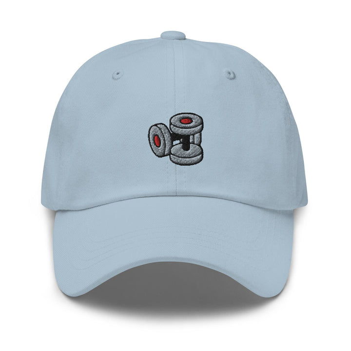 a light blue hat with a camera embroidered on it