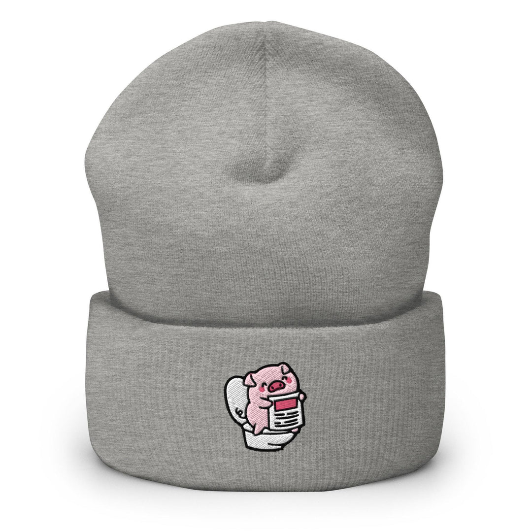 a grey beanie with a pink fist on it