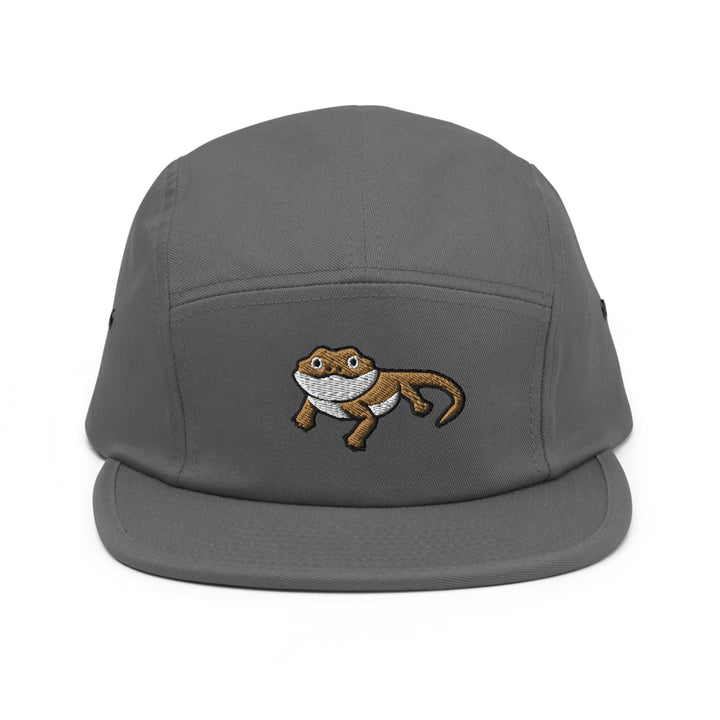 a gray hat with a cartoon cat on it