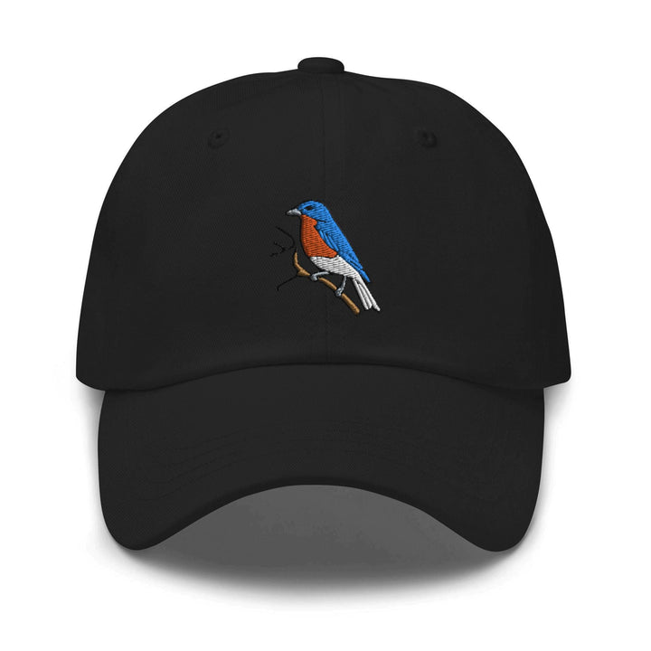 a black hat with a colorful bird on it