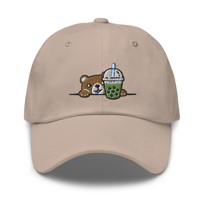 a baseball cap with a bear holding a cup of coffee