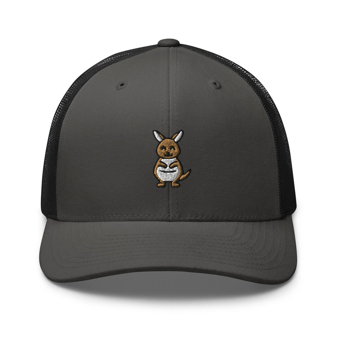 a grey and black hat with a kangaroo embroidered on the front