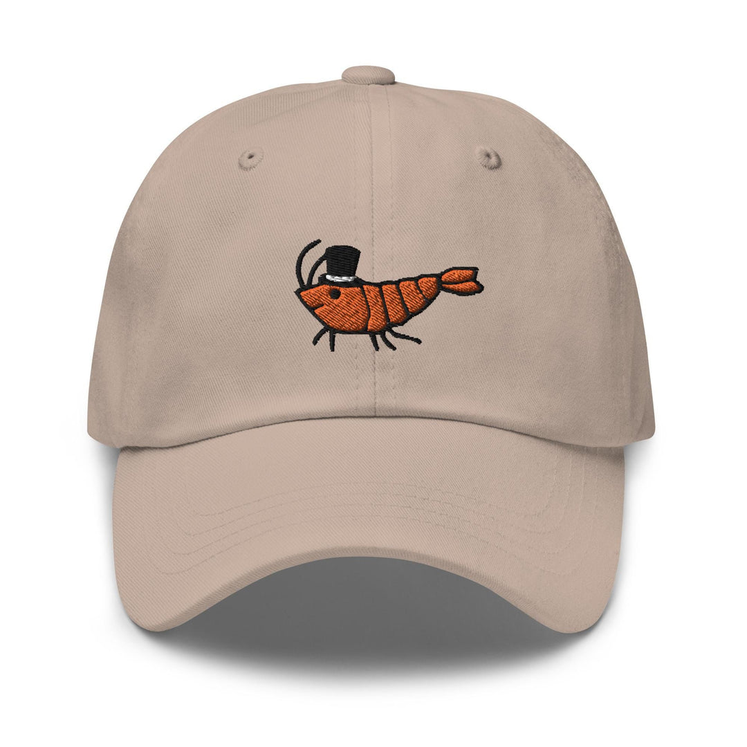 a baseball cap with a picture of a shrimp on it