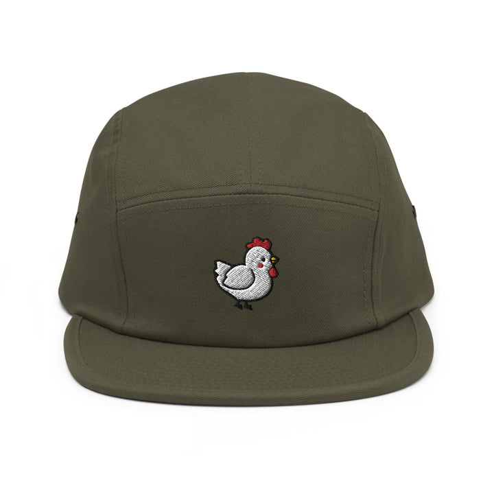 a green hat with a chicken embroidered on it