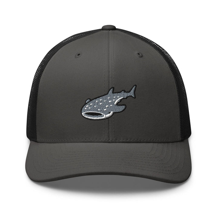 a gray and black hat with a fish on it