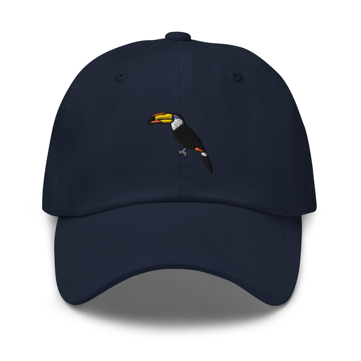 a blue hat with a toucan bird embroidered on it