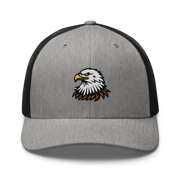 a gray and black hat with an eagle on it