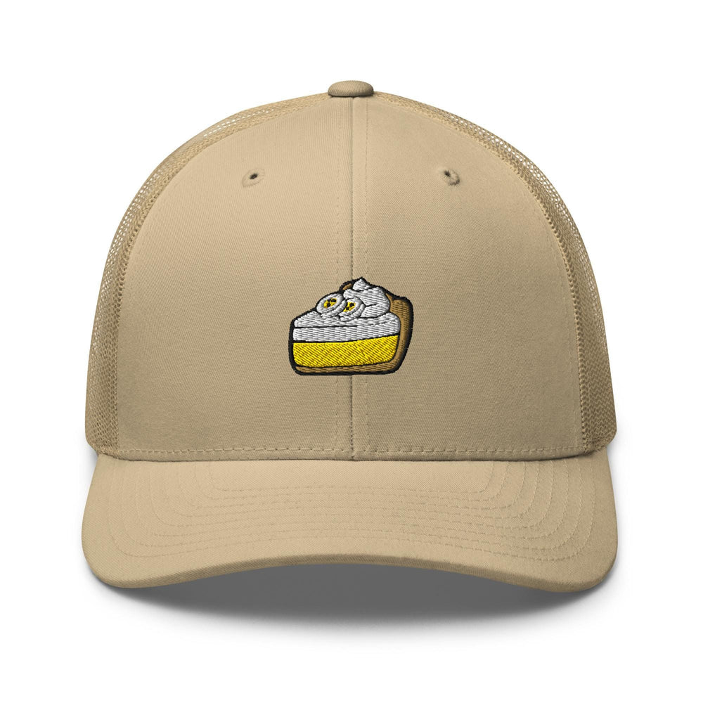 a tan hat with a picture of a piece of cake on it