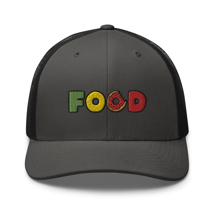 a gray trucker hat with the word food on it