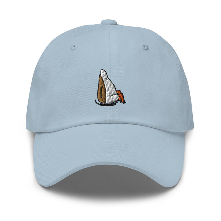 a light blue hat with a picture of a shoe on it
