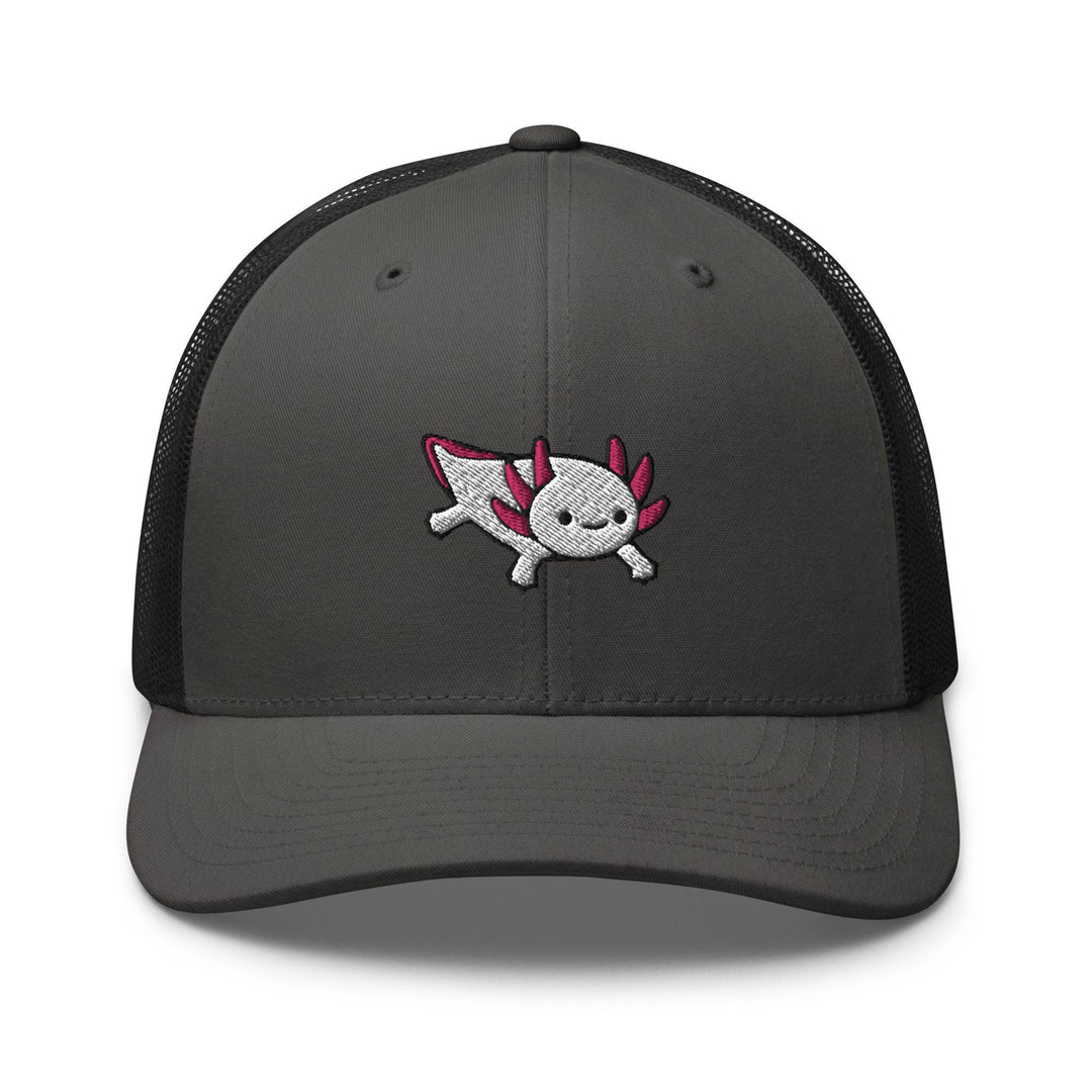 a gray and black trucker hat with a skull on it