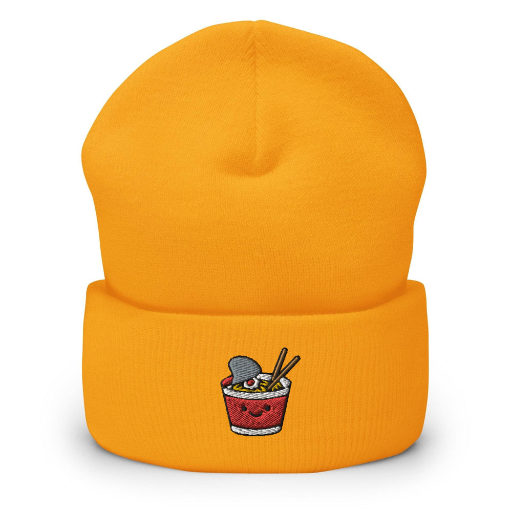 a yellow beanie with a picture of a cup of ice cream and spoons