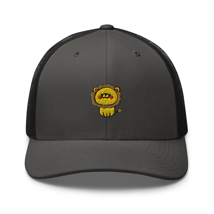 a gray and black trucker hat with a lion embroidered on the front