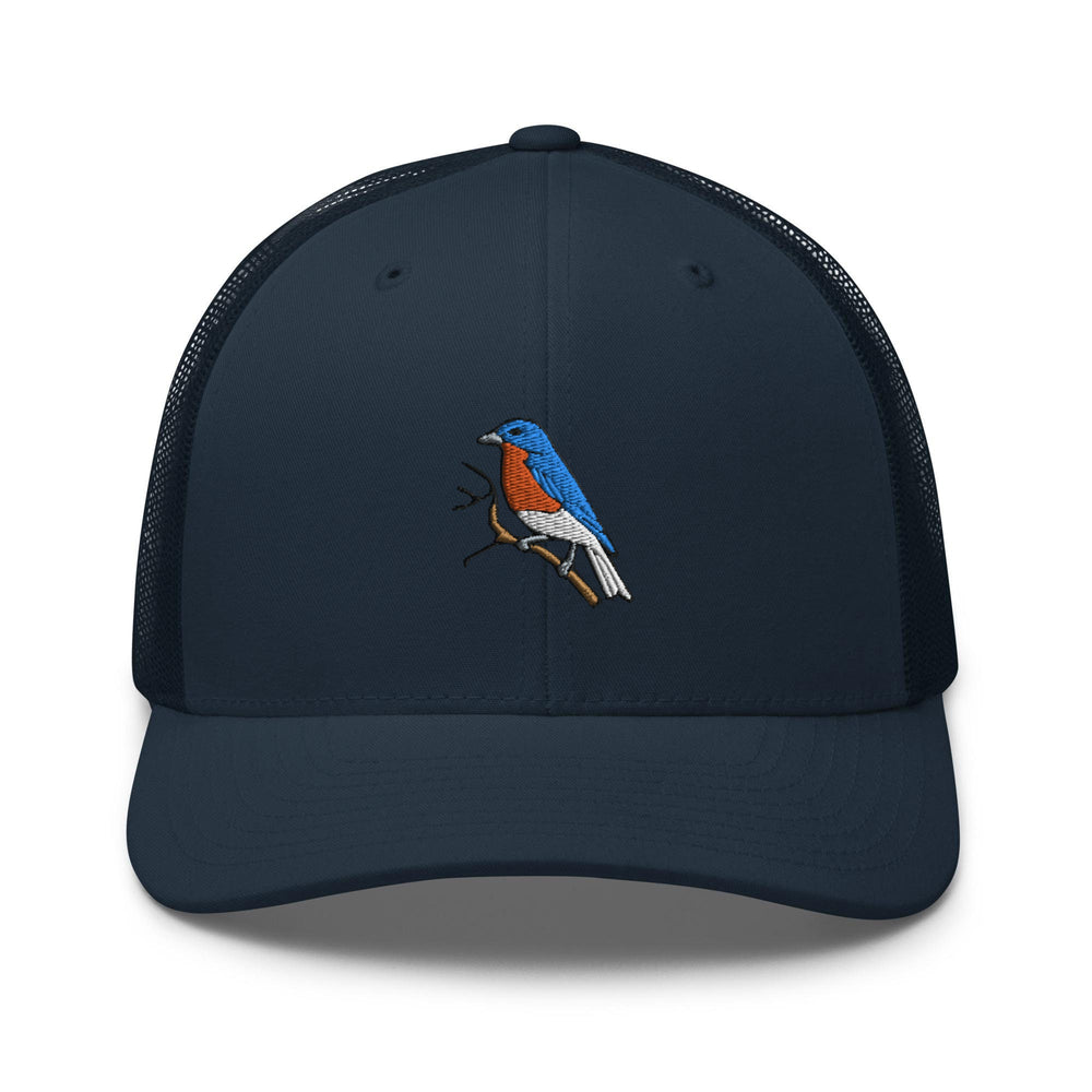 a blue trucker hat with a colorful bird on it