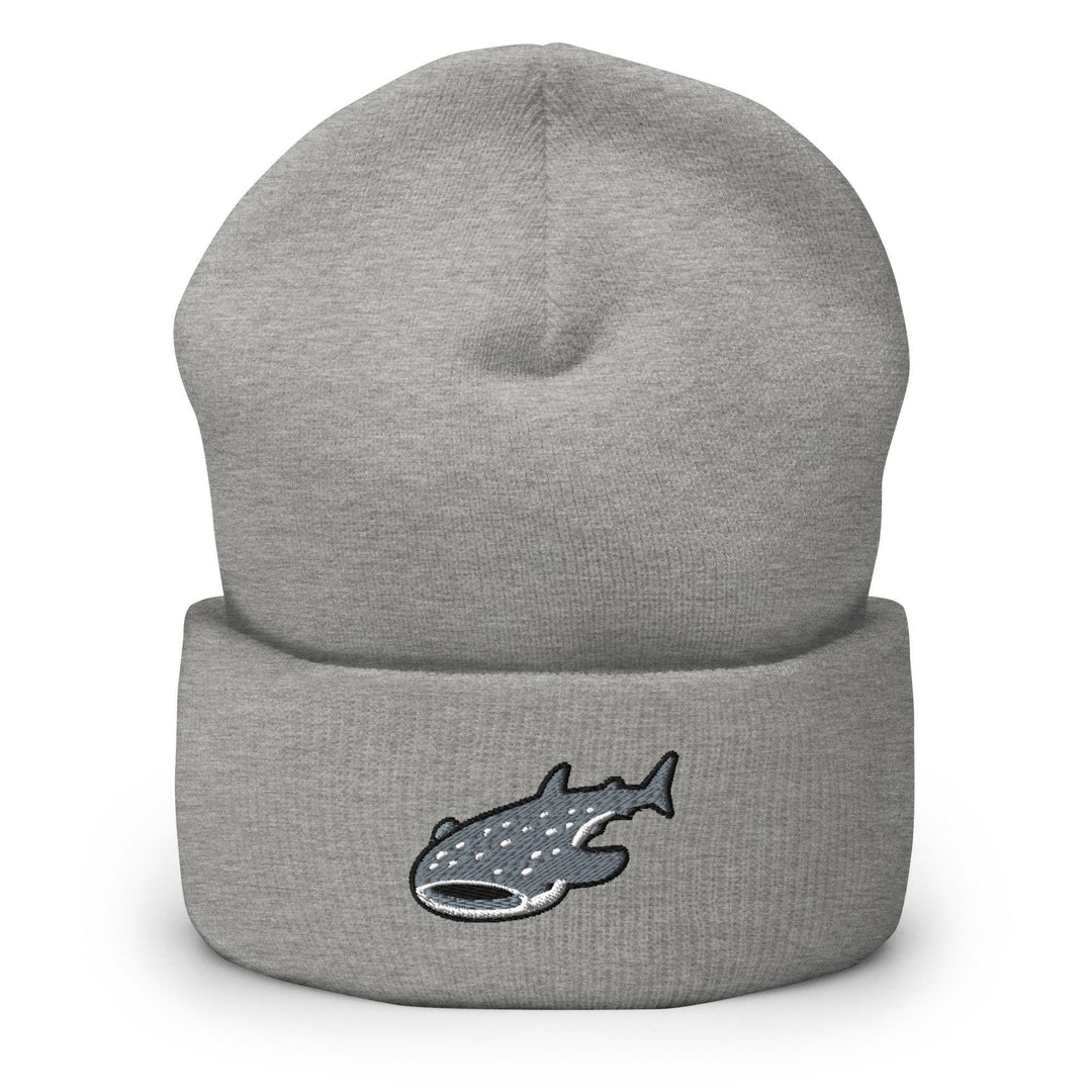 a grey beanie with a fish on it