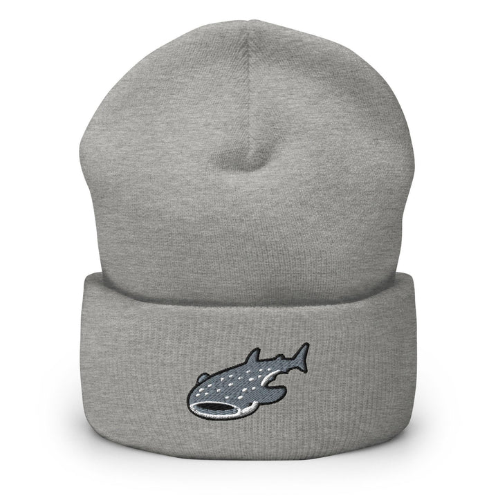 a grey beanie with a fish on it