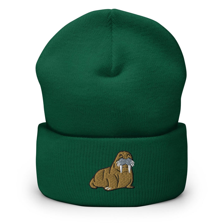 a green beanie with a cartoon dog on it
