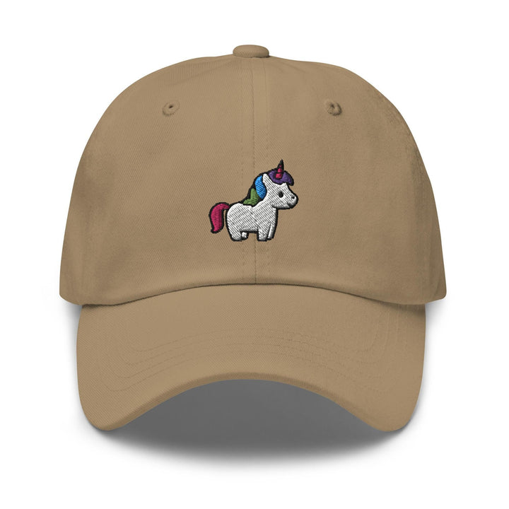 a tan hat with a unicorn embroidered on the front
