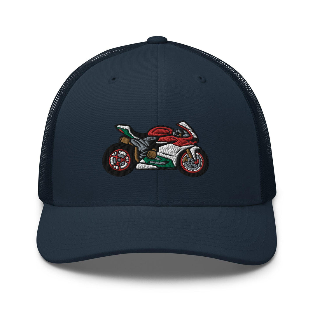 a blue trucker hat with a motorcycle embroidered on the front