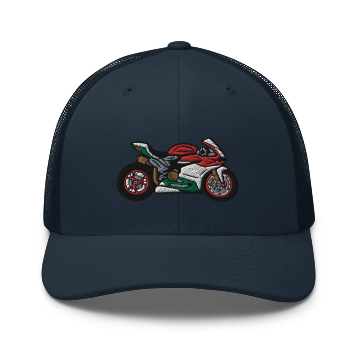 a blue trucker hat with a motorcycle embroidered on the front