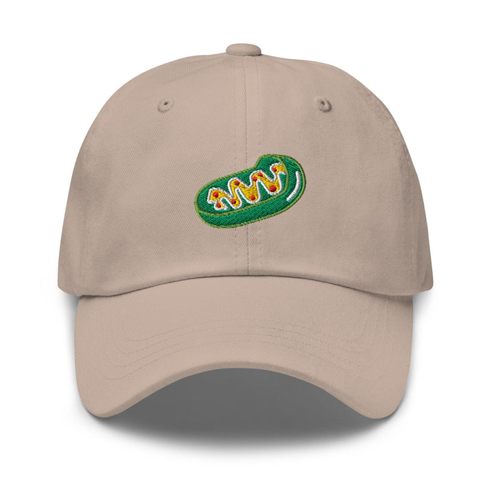 a khaki colored hat with the word&#39;m&#39;on it