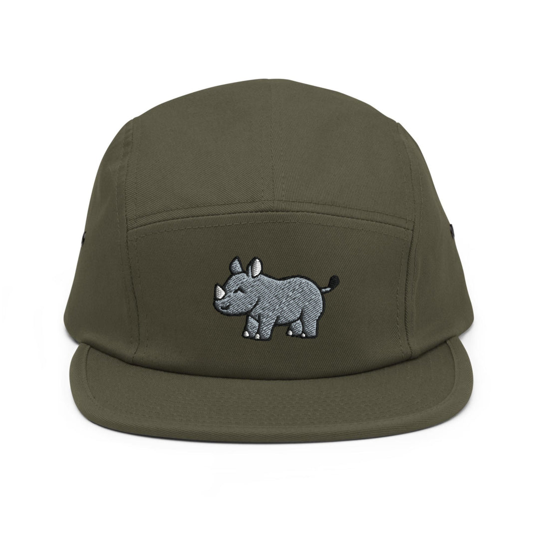 a green hat with a rhino embroidered on it