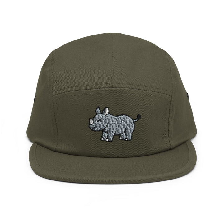 a green hat with a rhino embroidered on it