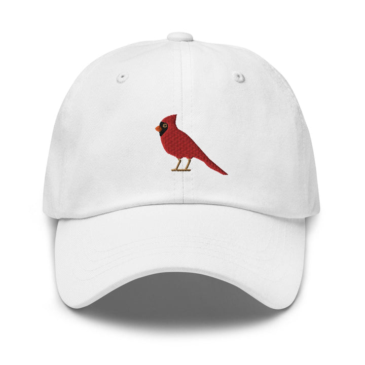 a white hat with a red bird embroidered on it