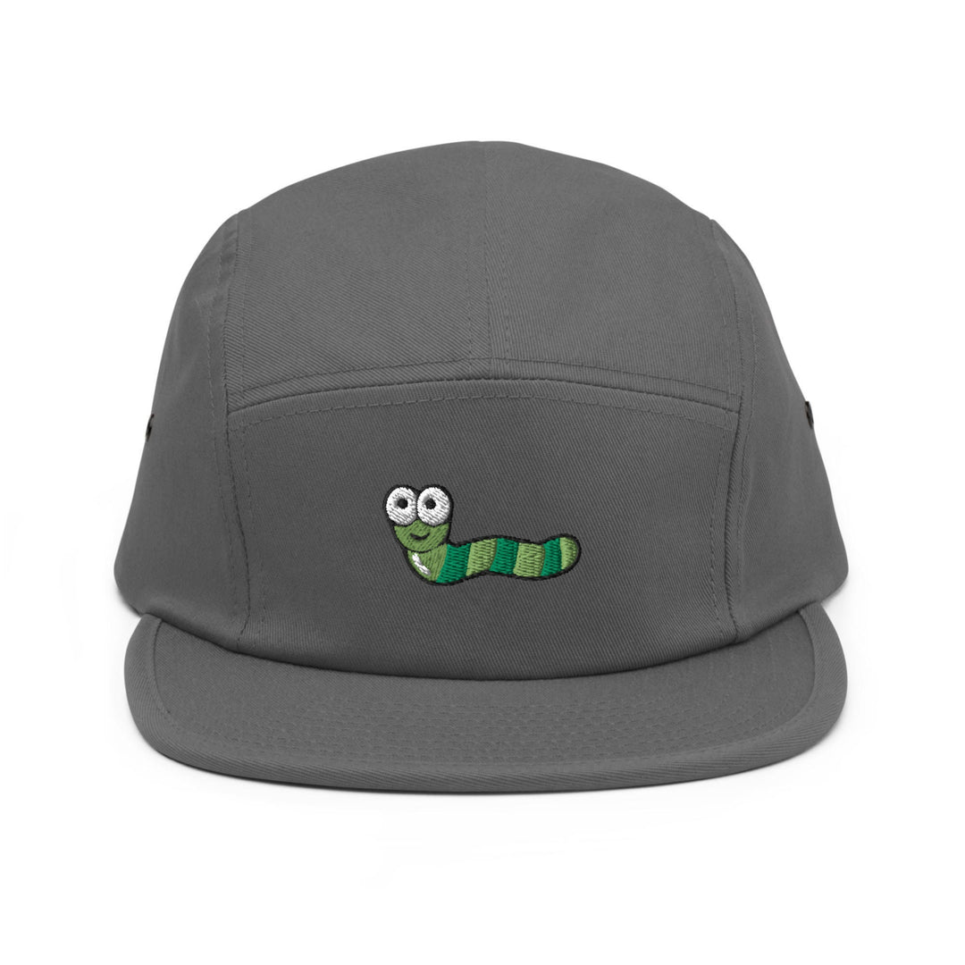 a gray hat with a green caterpillar embroidered on it