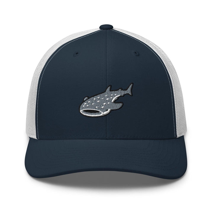 a blue and white hat with a fish on it