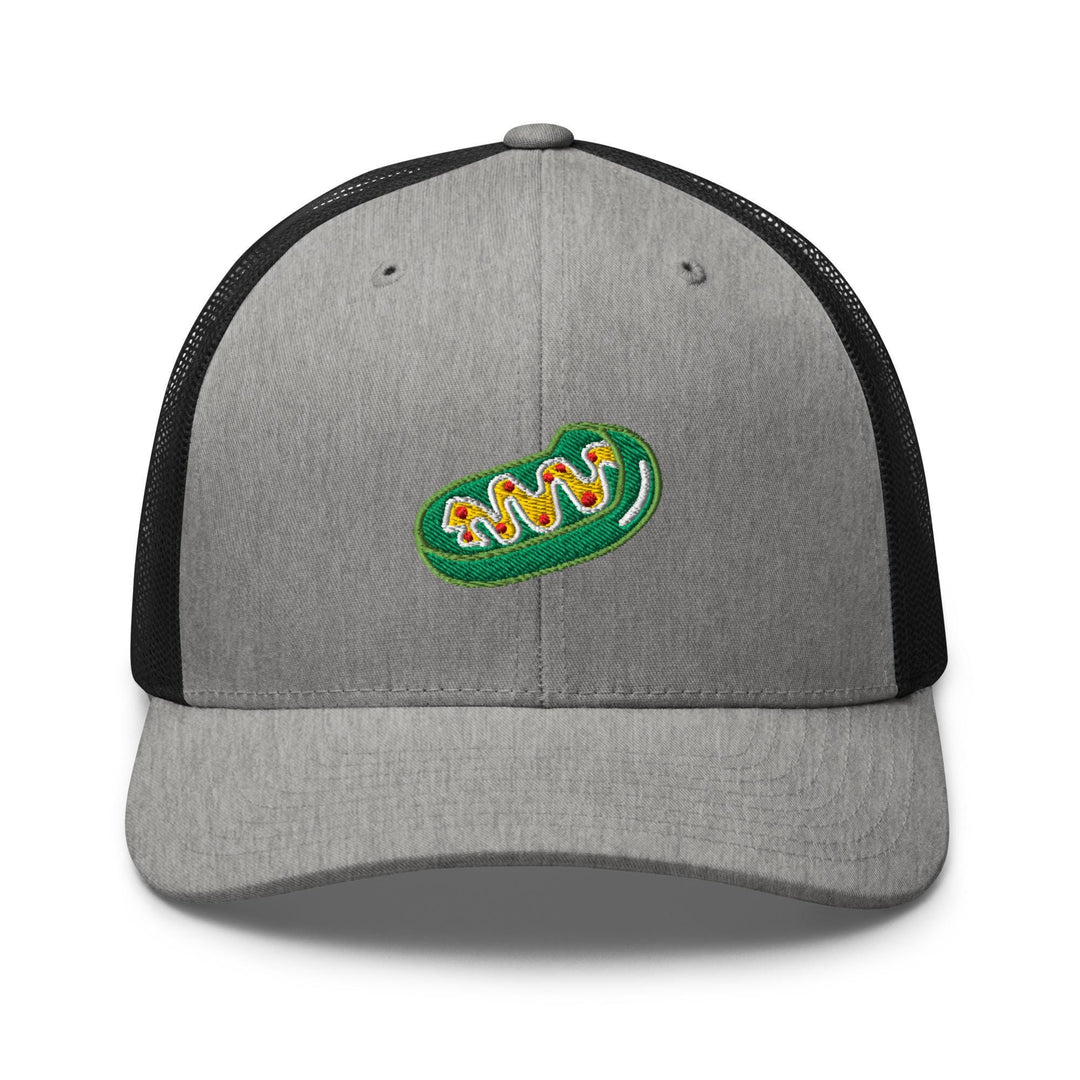 a gray and black hat with a green logo