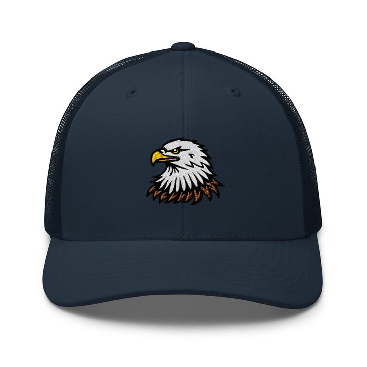 a blue trucker hat with an eagle on the front