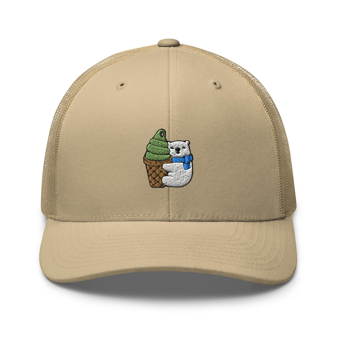 a baseball cap with an owl holding an ice cream cone