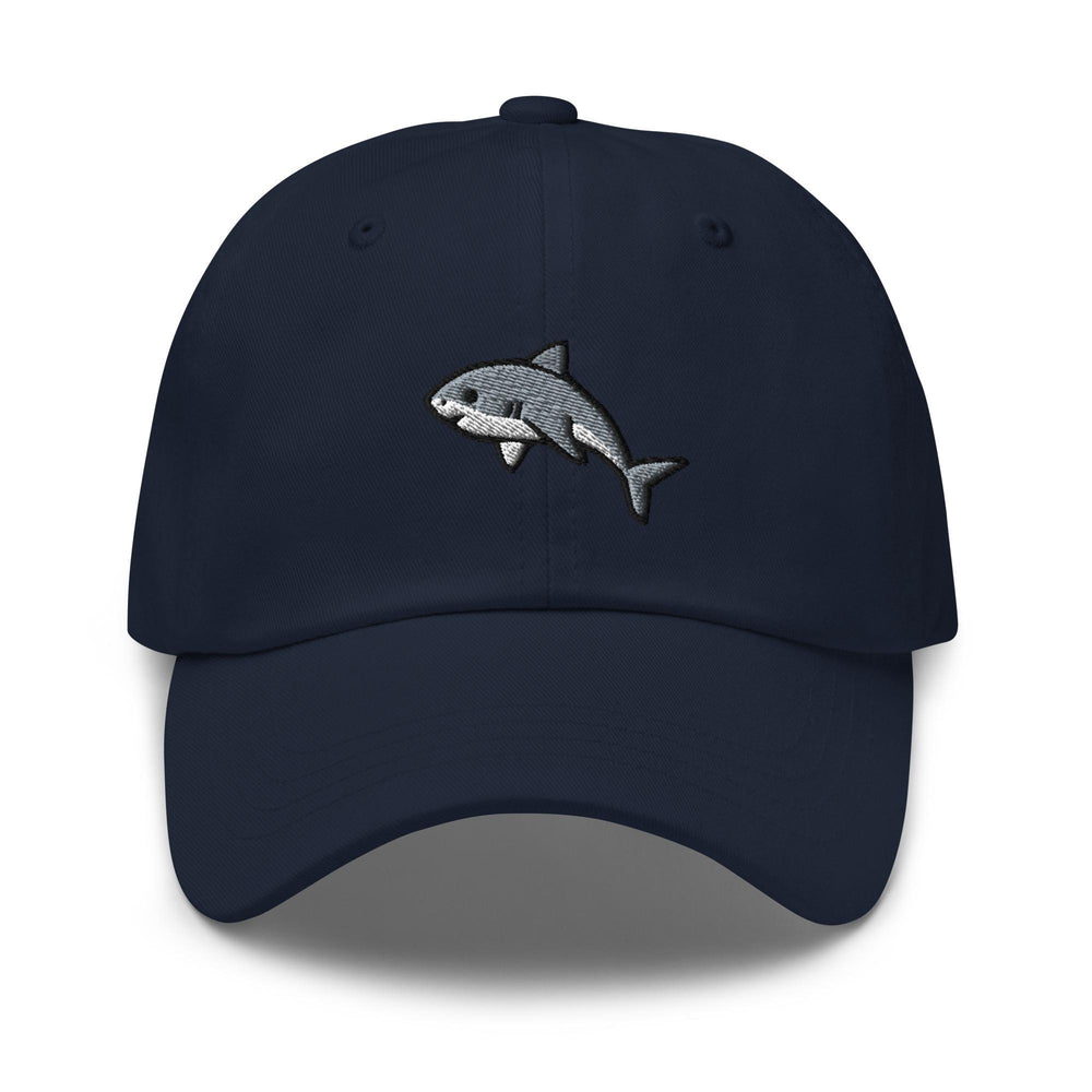 a blue hat with a shark embroidered on it