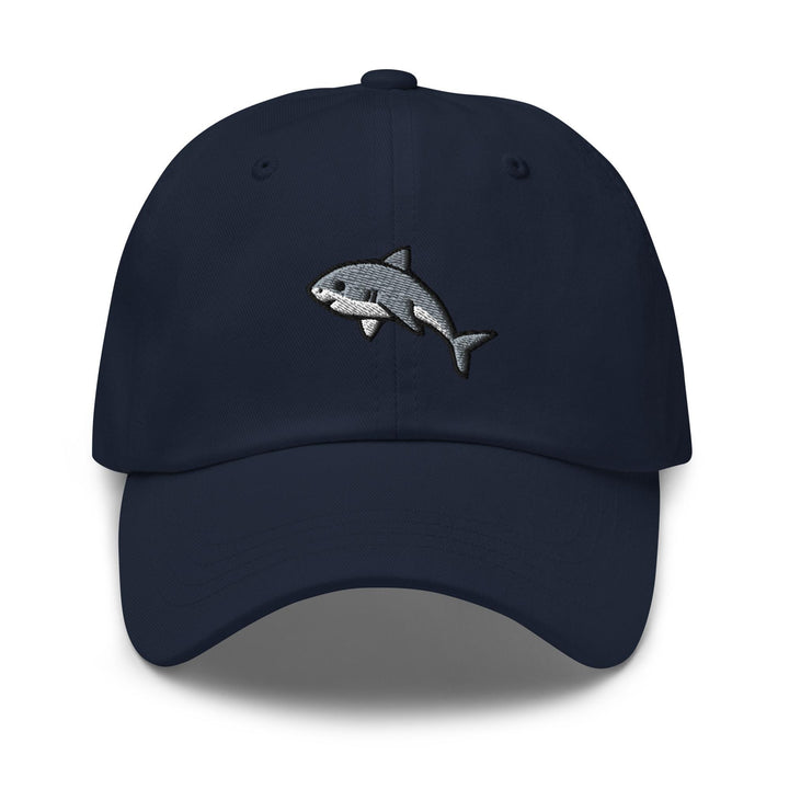 a blue hat with a shark embroidered on it