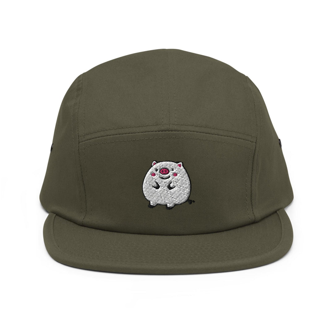 a green hat with a white bear on it