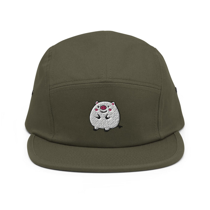 a green hat with a white bear on it