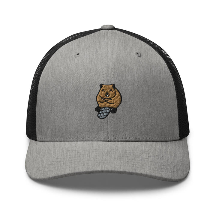 a gray and black hat with a brown bear on it