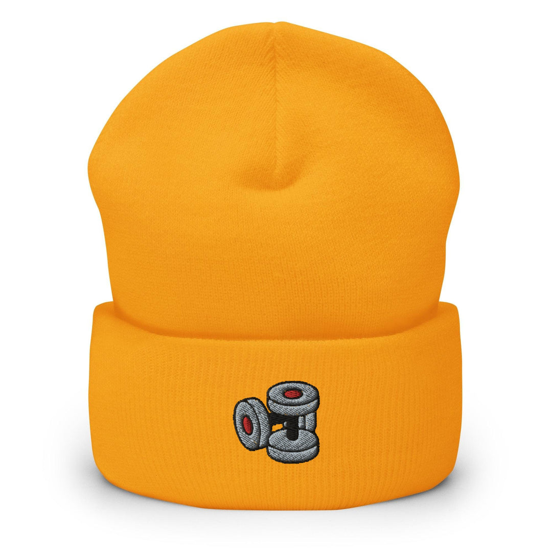 a yellow beanie with a camera on it