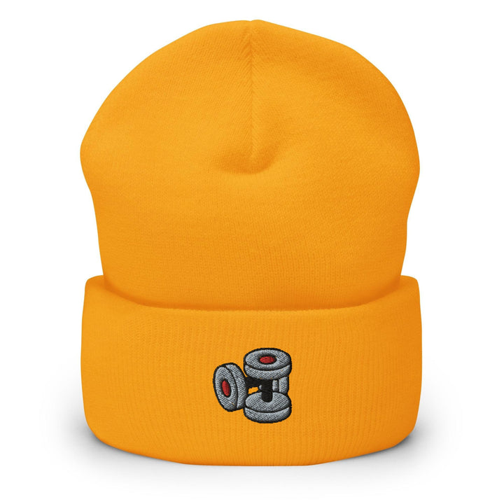 a yellow beanie with a camera on it