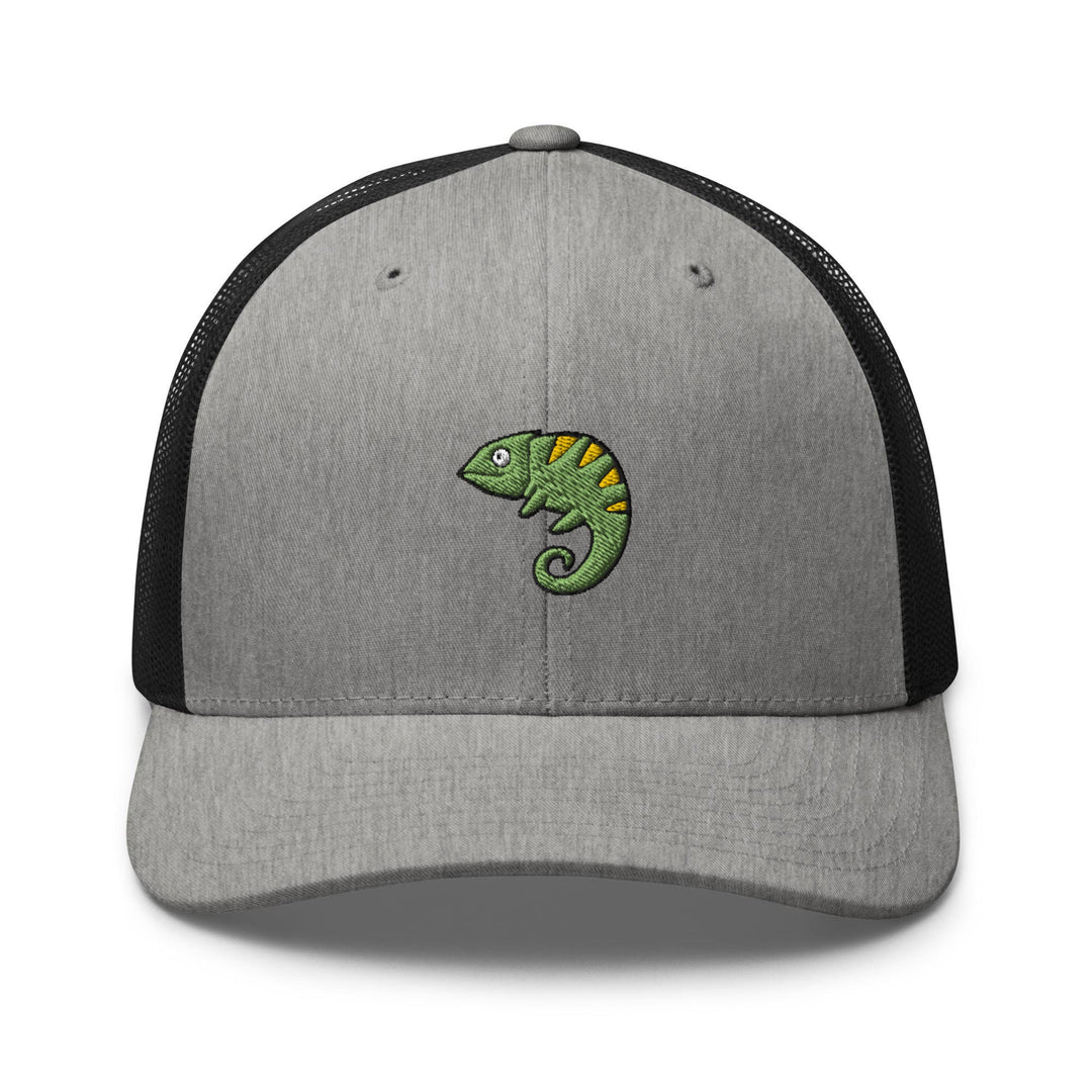 a gray and black hat with a green chamelon embroidered on it